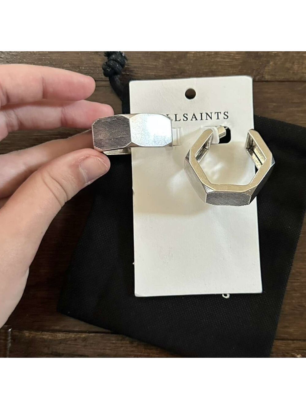 ALLSAINTS-Alex Chunky Hexagon Hoop Earrings-Silver-NWT - Picture 7 of 11